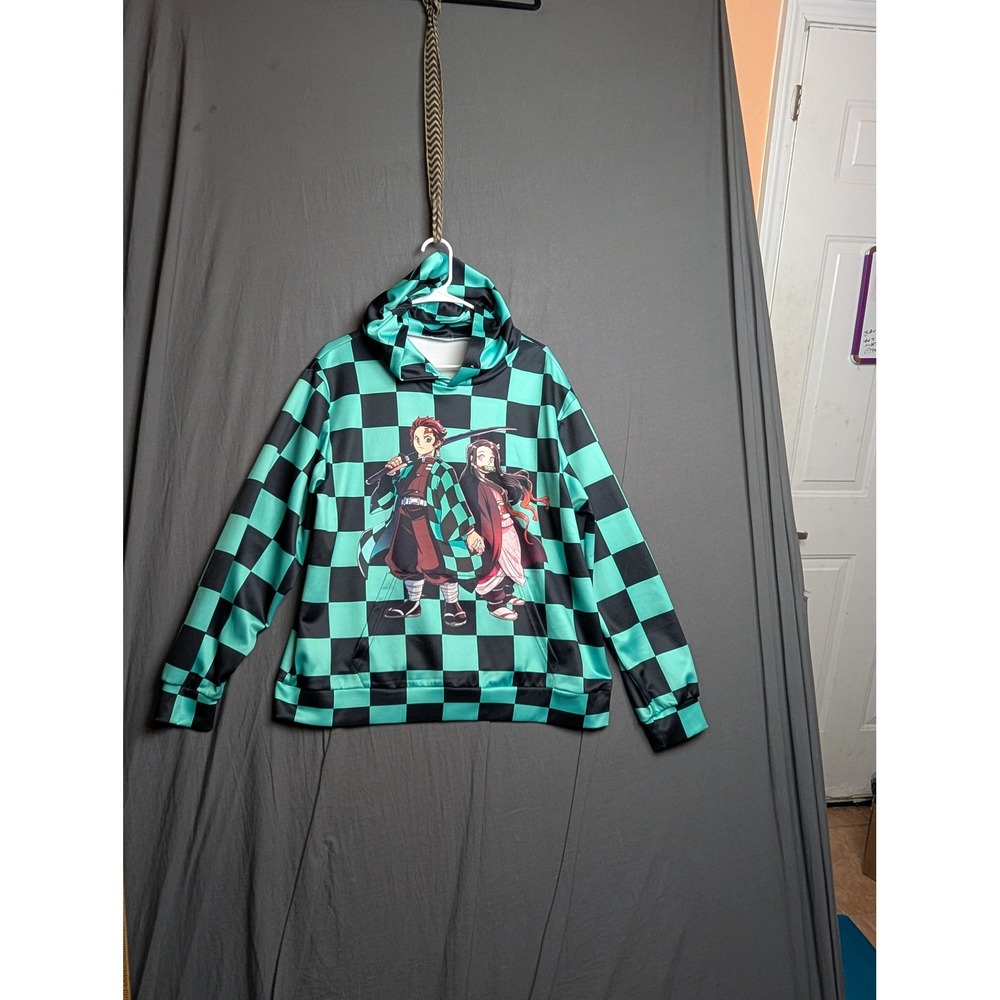 Demon Slayer Tanjiro Nezuko Checkered Hoodie Mens Medium Green Black Pullover
